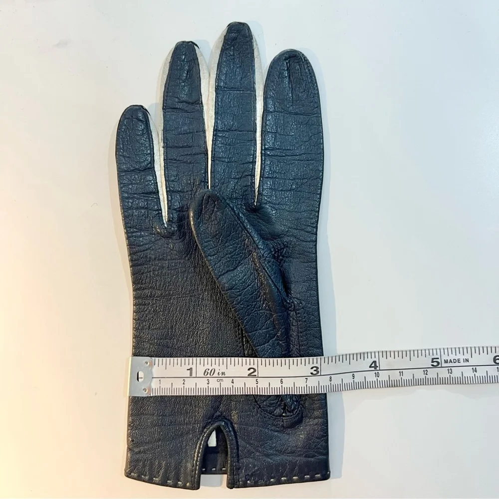 Vintage mid-century Morgan's blue white woven Italian leather driving gloves 6